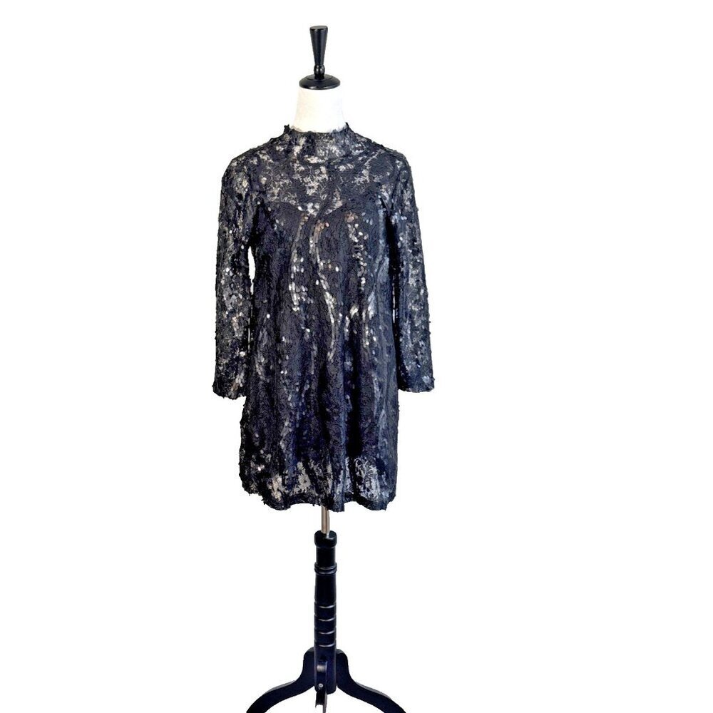 Zara High Neck Black Sequin Lace Mini Dress Open Back Long Sleeves Women's Sz S